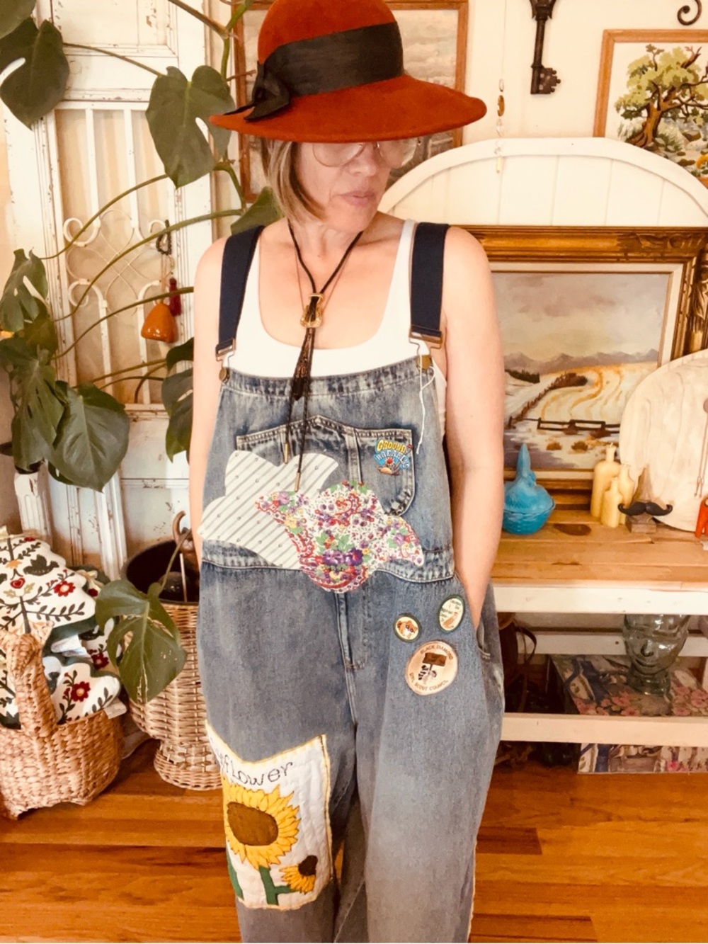 OOAK Vintage Gardening Eclectic Grandpa Upcycle Overalls Quilted Poppy - Picture 3 of 12